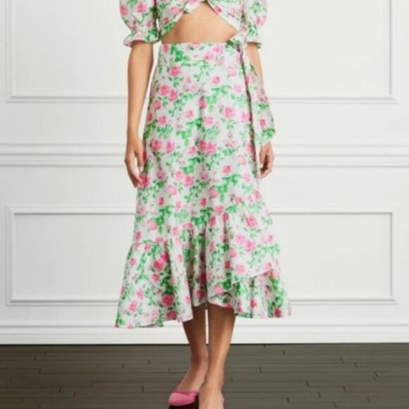 Hill House Mirabel Wrap Roses Print Midi Skirt M White Pink Green Ruffle Floral - Picture 11 of 11
